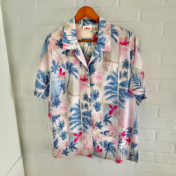 Vintage Alia Tropical Pink/Blue/Cream Short Sleeve Button Up Shirt // Size 14 - Picture 2 of 8